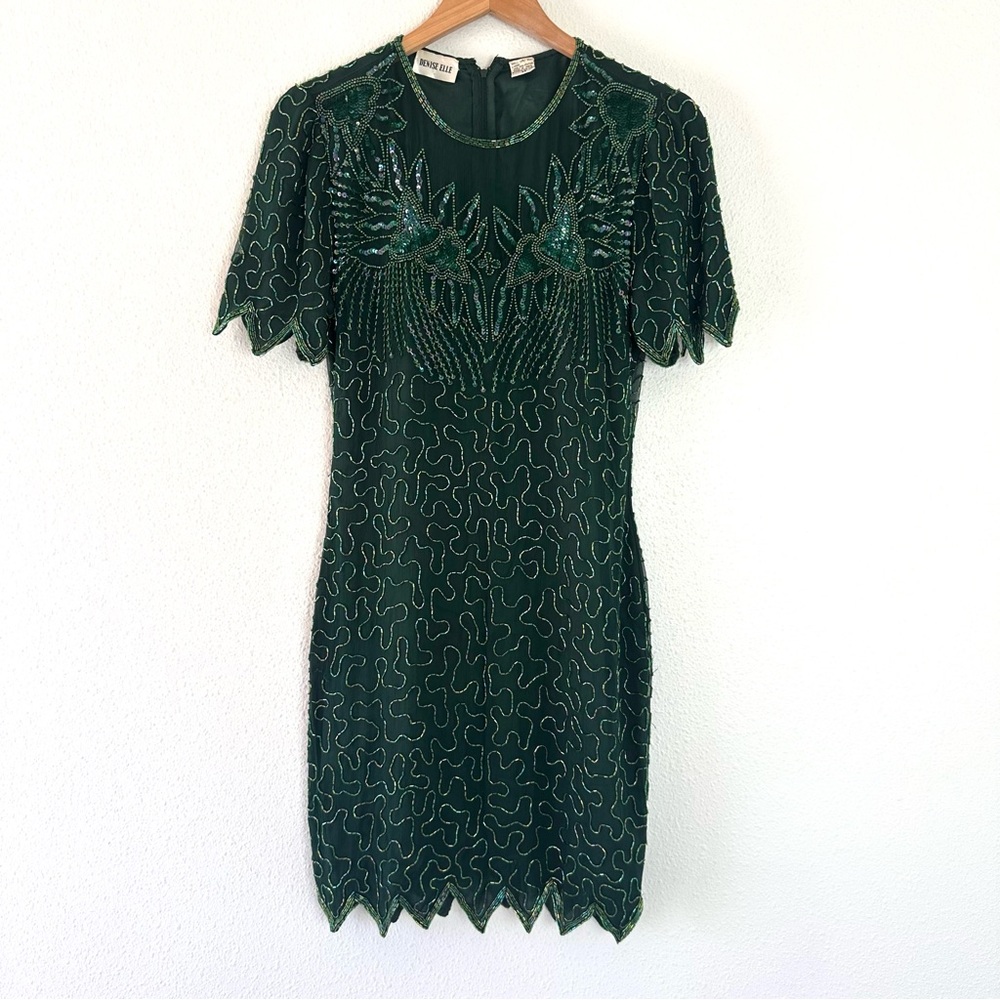 DENISE ELLE BEADED DRESS GREEN Vintage 80s Petite S Silk